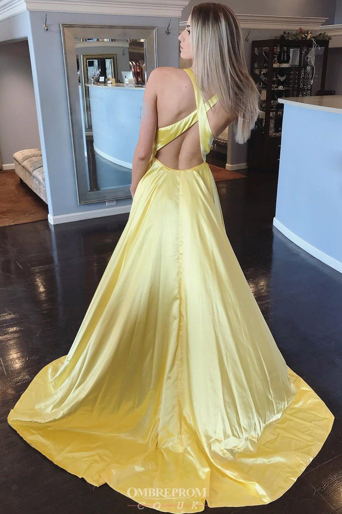 Simple V-Neck Royal Blue Long Prom Dress Criss-Cross Back With Slit