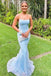 Sky Blue Mermaid Strapless Sequin Prom Dress, Elegant Long Evening Gown