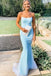 Sky Blue Mermaid Strapless Sequin Prom Dress, Elegant Long Evening Gown