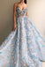 Sky Blue Long Prom Dresses 3D Mesh Flower Applique Ball Gowns
