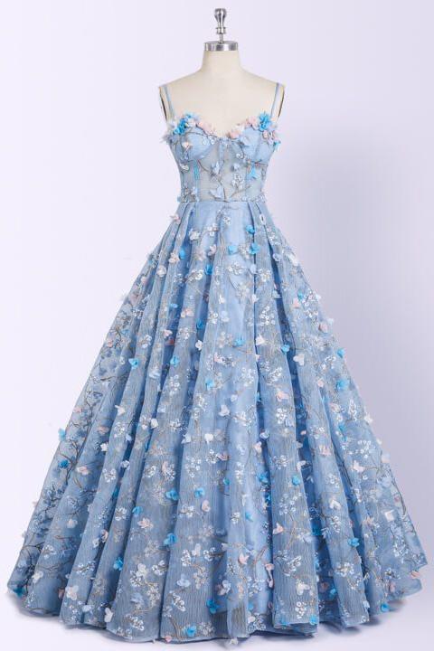 Sky Blue Long Prom Dresses 3D Mesh Flower Applique Ball Gowns