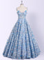 Sky Blue Long Prom Dresses 3D Mesh Flower Applique Ball Gowns