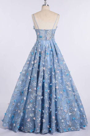 Sky Blue Long Prom Dresses 3D Mesh Flower Applique Ball Gowns