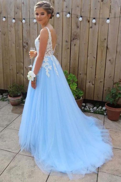 Sky Blue Long Prom Dresses For Teens Tulle Graduation Party Dresses