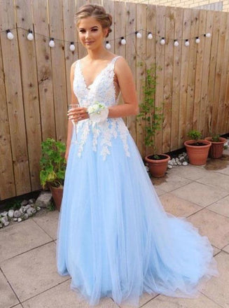 sky blue long prom dresses for teens tulle graduation party dresses dtp519