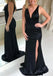 Simple V-neck Black Long Prom Dress, Sheath Evening Dress with Split