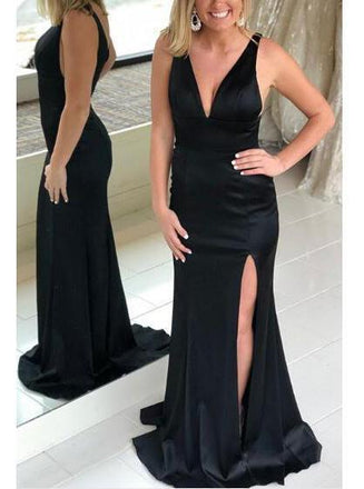 sheath evening dress with split simple v-neck black long prom dress dtp394