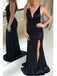 sheath evening dress with split simple v-neck black long prom dress dtp394