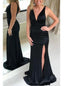 Simple V-neck Black Long Prom Dress, Sheath Evening Dress with Split