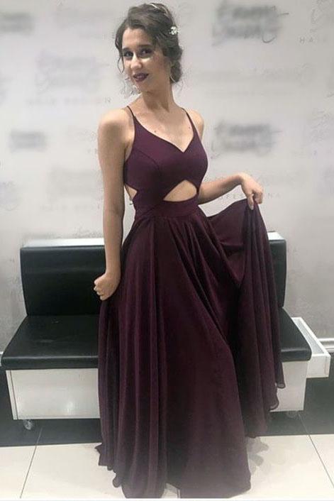 cross back long evening dress spaghetti-straps grape backless prom dress dtp402