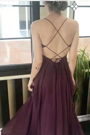 Spaghetti-straps Grape Backless Prom Dress, Cross Back Long Evening Dress