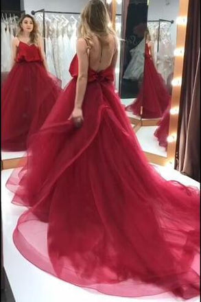 Spaghetti-straps Organza Long Burgundy Prom Gown Backless Party Dresses