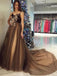 spaghetti-straps v-neck tulle chocolate long prom dress sweep train dtp460