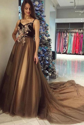 Spaghetti-straps V-neck Tulle Chocolate Long Prom Dress Sweep Train