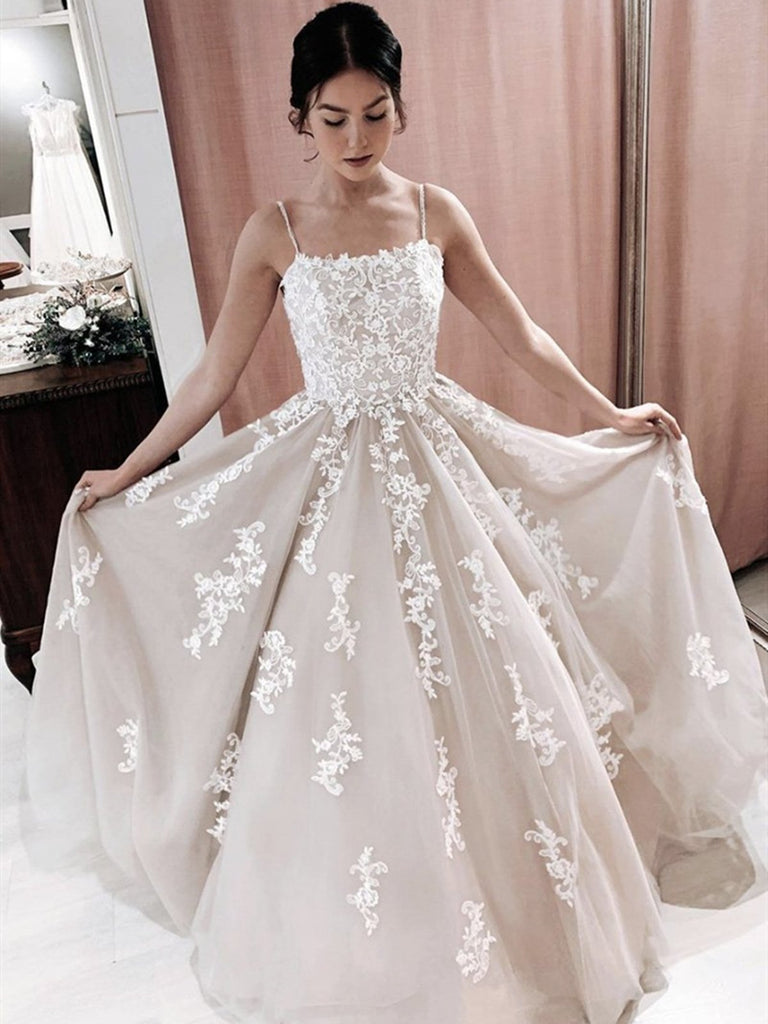 Spaghetti Straps Lace Appiques Wedding Dresses, Long Prom Formal Dresses