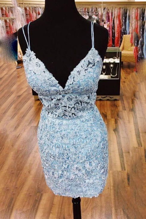 Homecoming Dress Lace Bodice Spaghetti Straps V Neck Mini Party Dress –  Pgmdress