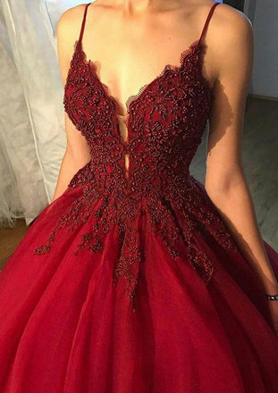 Spaghetti V-neck Burgundy Long Prom Dress Ball Gown With Beading