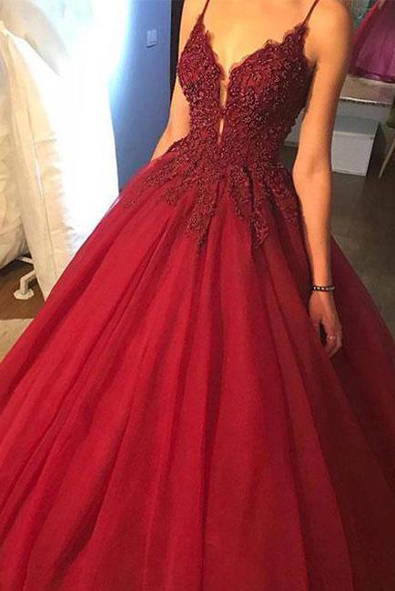 spaghetti v-neck burgundy long prom dress ball gown with beading dtp677