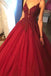 spaghetti v-neck burgundy long prom dress ball gown with beading dtp677