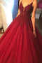 Spaghetti V-neck Burgundy Long Prom Dress Ball Gown With Beading