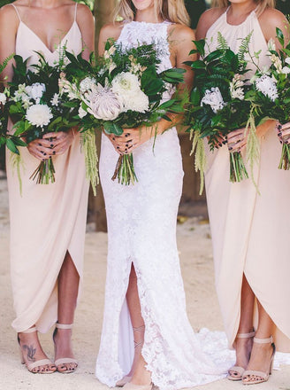 Spaghetti Straps Asymmetrical Chiffon Ankle-Length Long Bridesmaid Dresses