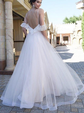 Spaghetti Straps Lace Dropped Sleeves Flowy Backless Tulle Beach Wedding Dress