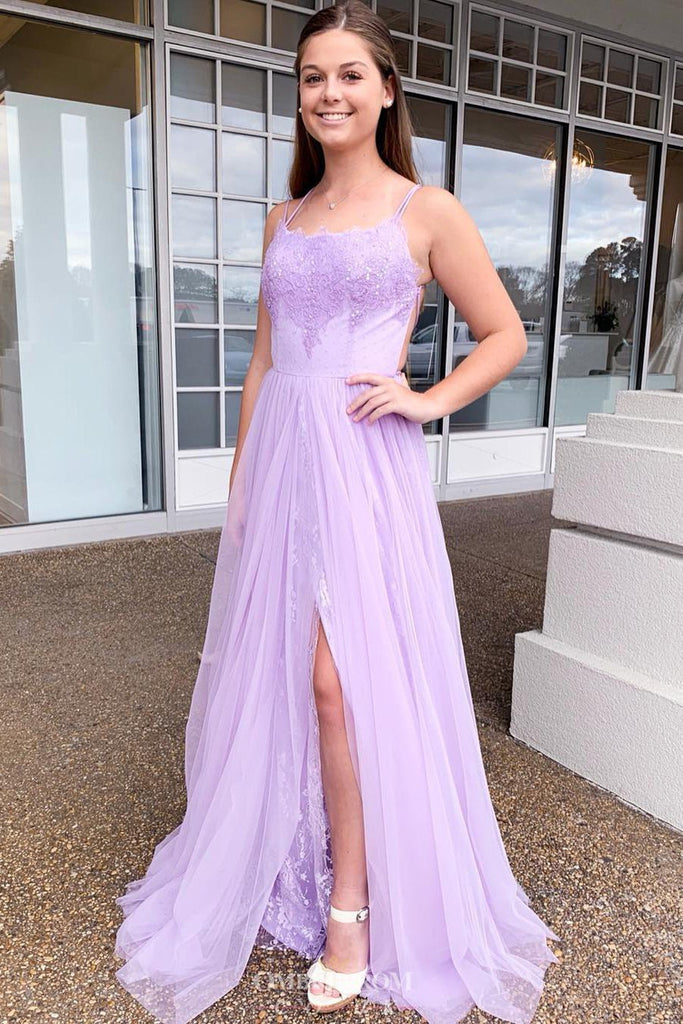 Spaghetti Straps Tulle Lilac Prom Dress, Backless Formal Evening Dress With Lace