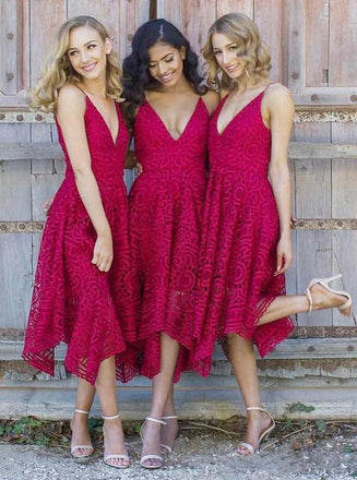 Spaghetti Straps V-neck Asymmetrical Lace Short Bridesmaid Dress