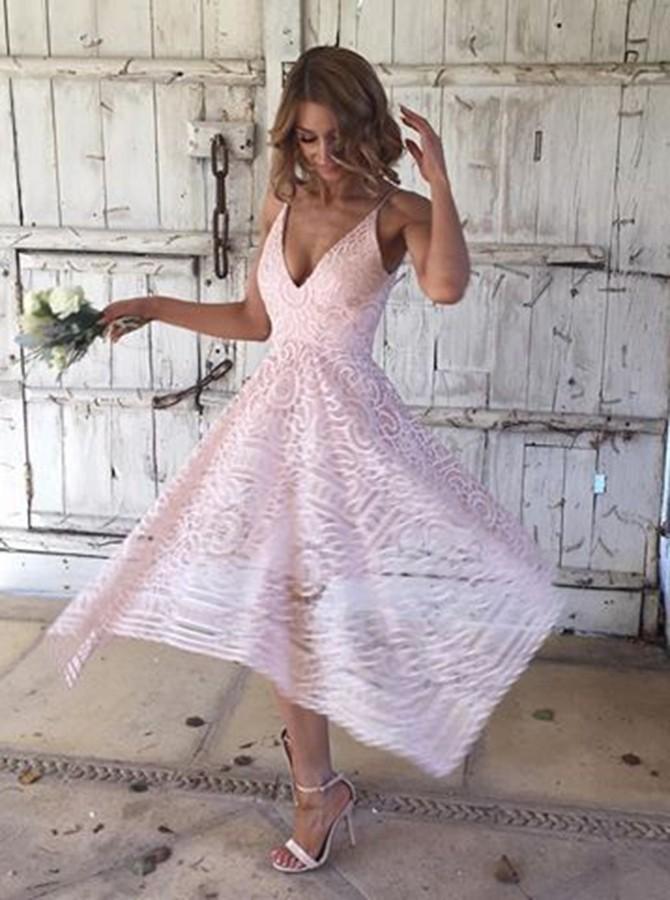 Spaghetti Straps V-neck Asymmetrical Lace Short Pink Bridesmaid Dresses