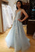 Spaghetti Straps V-neck Open Back Tulle Long Prom Dress With Lace Applique
