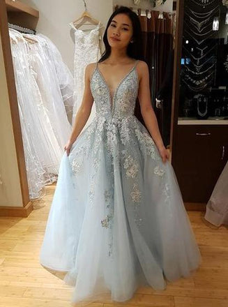 spaghetti straps v-neck open back tulle long prom dress with lace applique dtp393