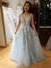 spaghetti straps v-neck open back tulle long prom dress with lace applique dtp393