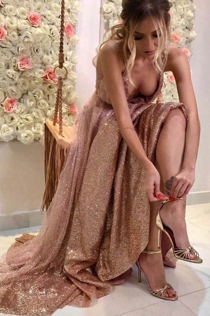 Sparkly A-line V-neck Rose Gold Prom Dress, Glitter Formal Evening Dre DressTok.co.uk Sparkly A-line V-neck Rose Gold Prom Dress, Glitter Formal Evening Dre DressTok.co.uk