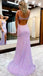 Sparkly Lilac Long Prom Dresses Sequins V Neck Mermaid Evening Gown With Slit