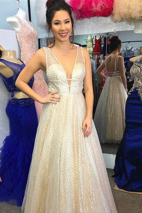 Sparkly A-Line Deep V-neck Floor-Length Tulle Backless Prom Dress