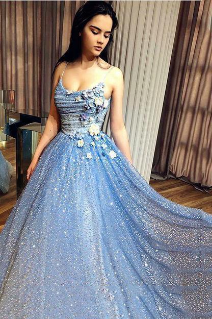 sparkly blue prom dress a-line sequin formal gown with 3d appliques dtp78