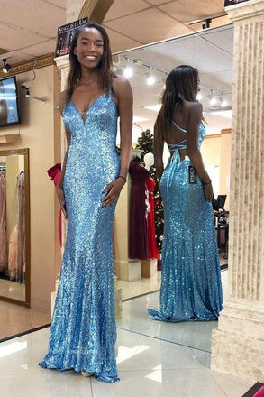 Sparkly Blue V-neck Sequins Mermaid Prom Dress Backless Evening Gown