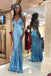 Sparkly Blue V-neck Sequins Mermaid Prom Dress Backless Evening Gown