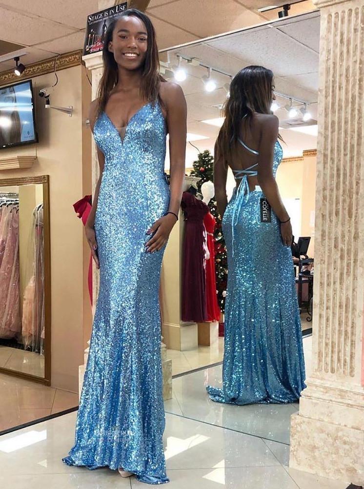 Sparkly Blue V neck Sequins Mermaid Prom Dress Backless Evening