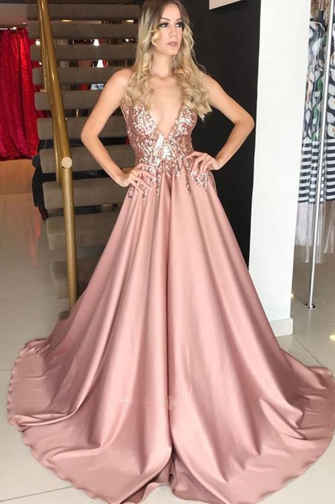 Sparkly Satin A-Line Deep V-neck Blush Long Prom Dress