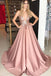 Sparkly Satin A-Line Deep V-neck Blush Long Prom Dress