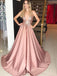 sparkly satin a-line deep v-neck blush long prom dress dtp443