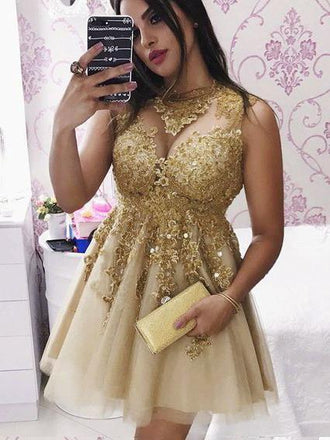short prom dress with appliques sparkly gold lace homecoming dress dtp287