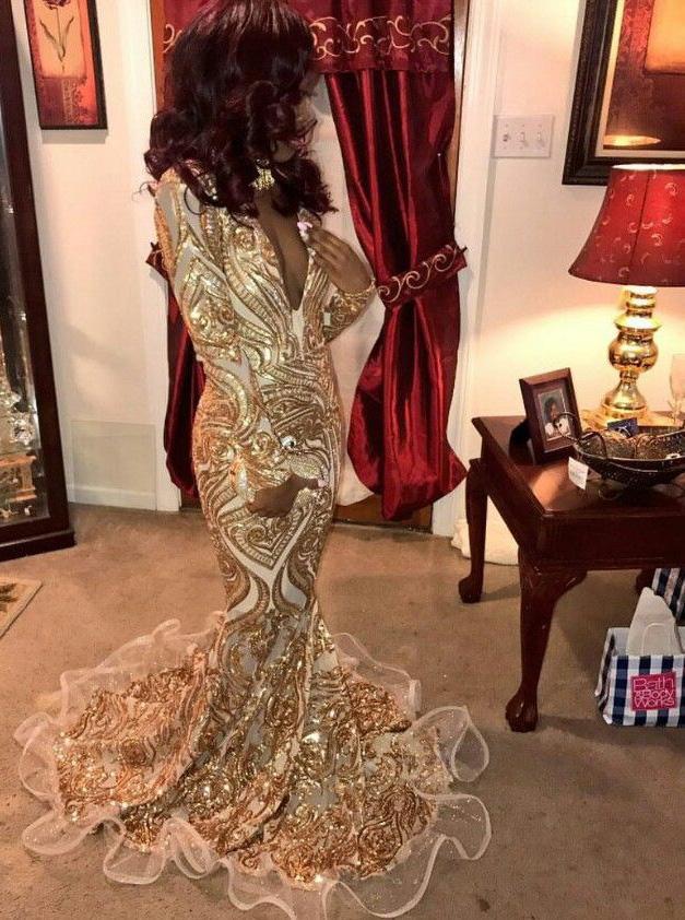 sparkly long sleeves gold prom dress mermaid sequins evening dress dtp433
