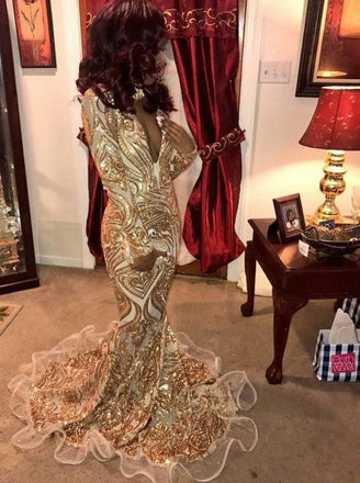 sparkly long sleeves gold prom dress mermaid sequins evening dress dtp433