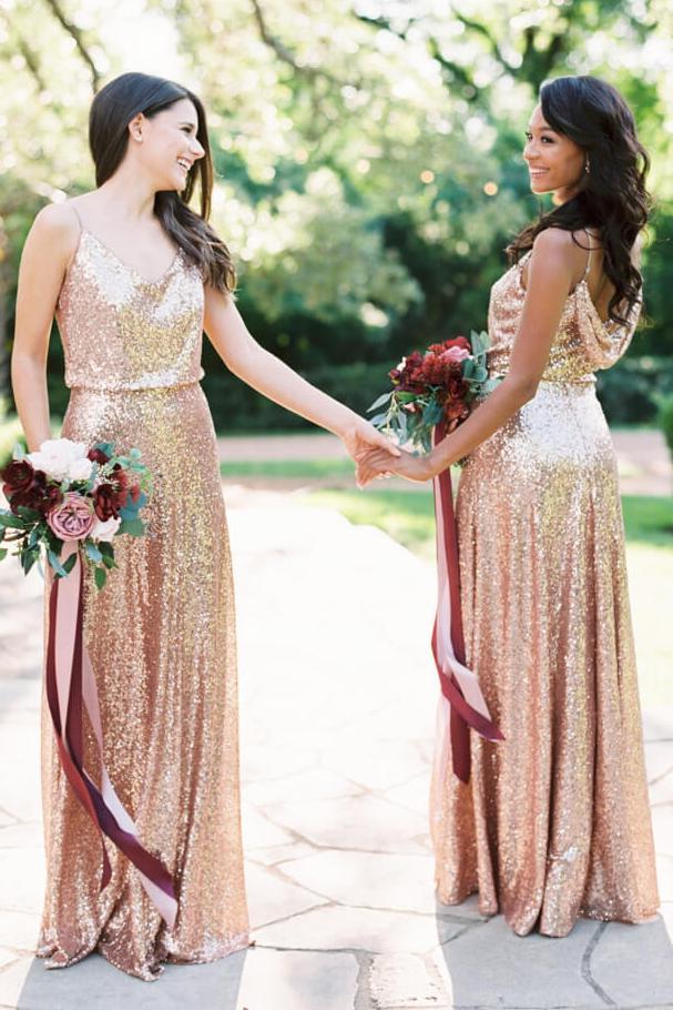 sparkly spaghetti straps cowl back rose gold sequin bridesmaid dresses dtb32