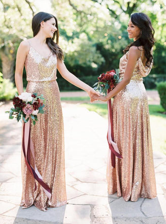 Sparkly Spaghetti Straps Cowl Back Rose Gold Sequin Bridesmaid Dresses