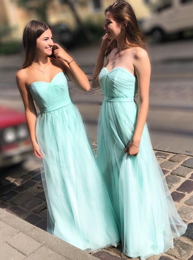 spring mint green sweetheart tulle long bridesmaid dresses dtb53