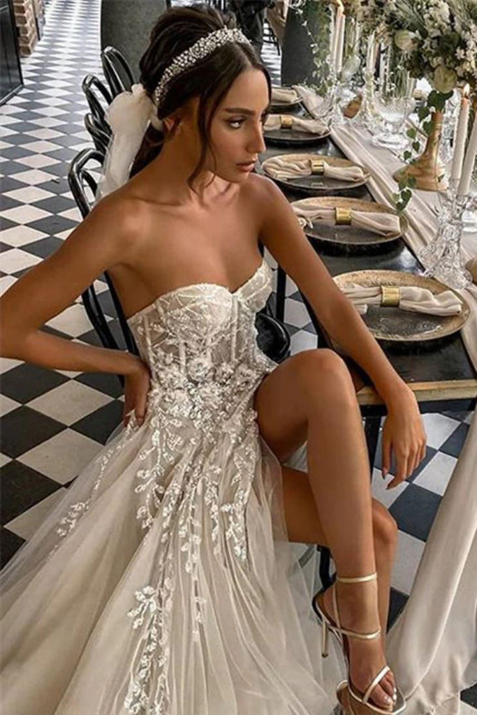 Elegant Strapless High Split Beach Wedding Dress, Sparkly Sequins Tulle Wedding Gown