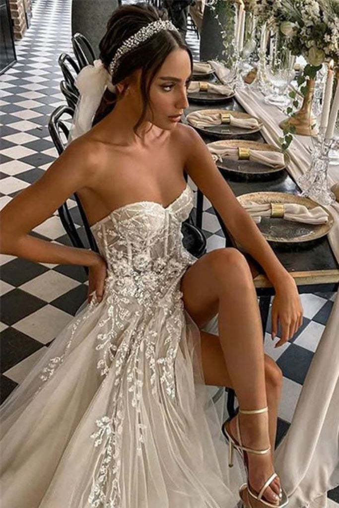 Elegant Strapless High Split Beach Wedding Dress, Sparkly Sequins Tull DressTok.co.uk Elegant Strapless High Split Beach Wedding Dress, Sparkly Sequins Tull DressTok.co.uk